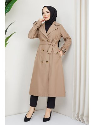 Kruvaze Yaka Kuşaklı Astarlı Bej Trençkot