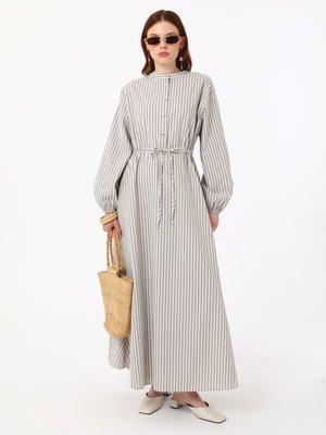 Pamuk Karışımlı Belden Bağlama Detaylı Elbise Haki Çizgili