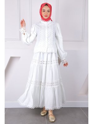 Ekru Güpürlü Bluz Etekli Takım