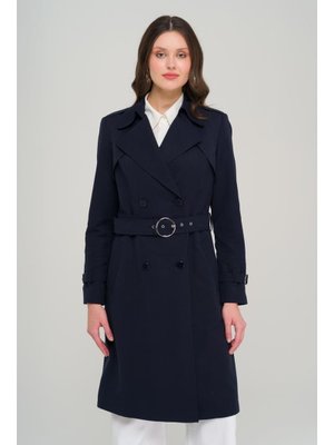 Lacivert Pelerin Ve Apolet Detaylı Kruvaze Astarlı Trençkot