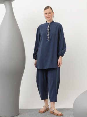 Lacivert Cupro Kumaş Payet Ve İnci Detaylı İkili Takım