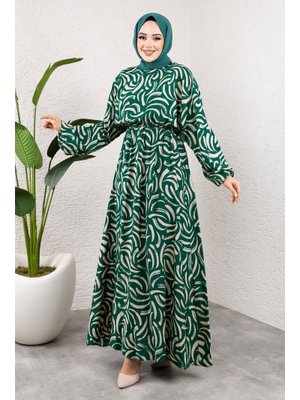 Yeşil Desenli Beli Lastikli Viskon Elbise