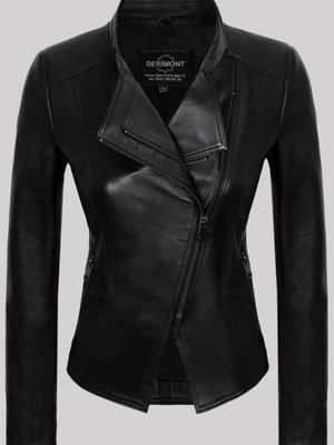 Siyah Hakiki Kuzu Derisi Çift Fermuarlı Yandan Cepli Deri Mont