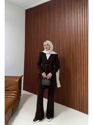 Kahve Kemerli Ceketli Krep Takım Kahve Kemerli Ceketli Krep Takım