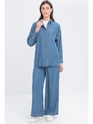Açık Mavi Büyük Cepli Denim Pantolonlu Takım