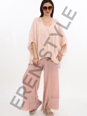 Pudra İtalyan Fisto Paça Detaylı Keten Pantolon