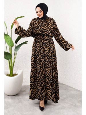 Kahverengi Desenli Beli Lastikli Viskon Elbise