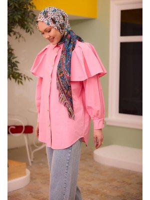 Pembe Kolları Valonlu Düğme Detaylı Gömlek
