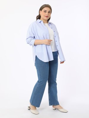 Açık Mavi Büyük Beden Flare Denim Pantolon