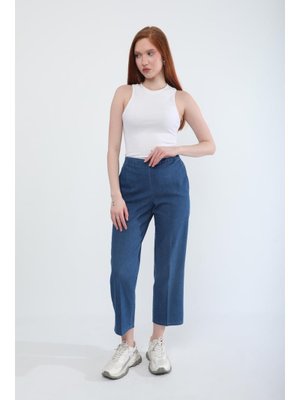 Mavi Beli Lastikli Likralı Yan Cepli Jean Pantolon