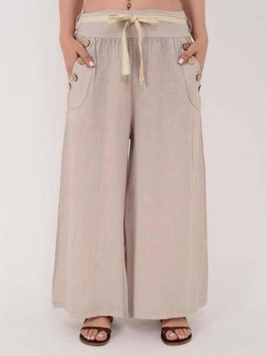 Bej İtalyan Korsajlı Düğme Detay Otantik Kemerli Bol Paçalı Keten Pantolon