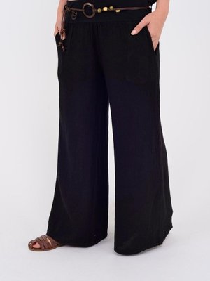 Siyah İtalyan Korsajlı Tokalı Kemerli Bol Paçalı Keten Pantolon