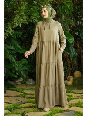 Haki Denim Parça Boya Kapüşonlu Elbise