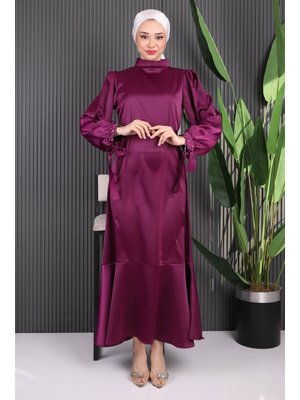 Mor Taş Detaylı Eteği Volanlı Saten Abiye Elbise