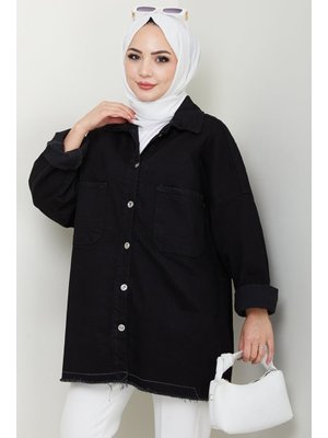 Siyah Püsküllü Oversize Kot Ceket