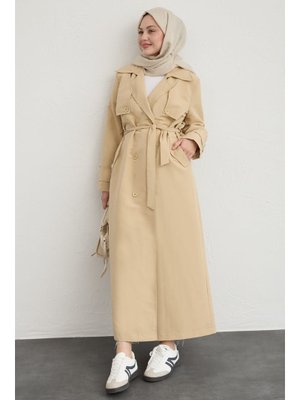 Çift Kapaklı Kuşaklı Bej Trençkot