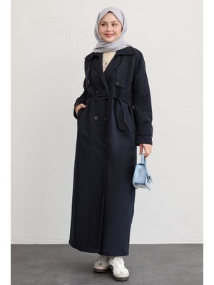 Çift Kapaklı Kuşaklı Lacivert Trençkot