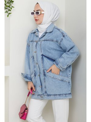 Buz Mavi Çift Cepli Oversize Kot Ceket