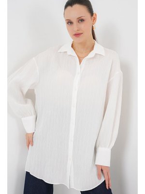 Beyaz Çizgili Uzun Gömlek Tunik Beyaz Çizgili Uzun Gömlek Tunik