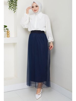Lacivert Beli Lastikli Tül Etek