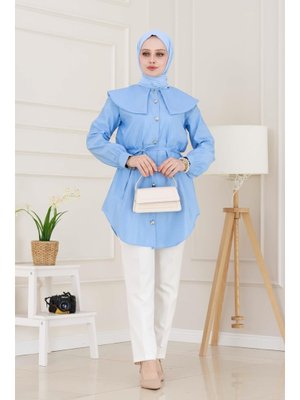 Bebe Mavi Beli Bağcık Detaylı Geniş Yaka Tunik Bebe Mavi Beli Bağcık Detaylı Geniş Yaka Tunik