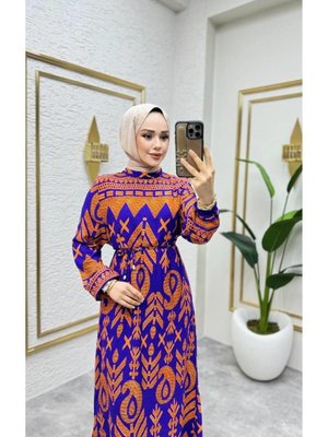 Oranj Etnik Desenli Viscon Elbise Oranj Etnik Desenli Viscon Elbise