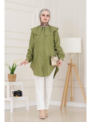 Yeşil Beli Bağcık Detaylı Geniş Yaka Tunik Yeşil Beli Bağcık Detaylı Geniş Yaka Tunik