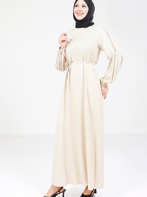 Bej Kolu Örgülü Elbise