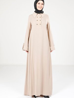 Bej Yakalı Ve Düğme Detaylı Elbise