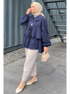 Lacivert İp Bağcıklı Kat Kat Kimono