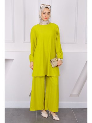 Yağ Yeşili Bürümcük Tunik Pantolonlu Takım
