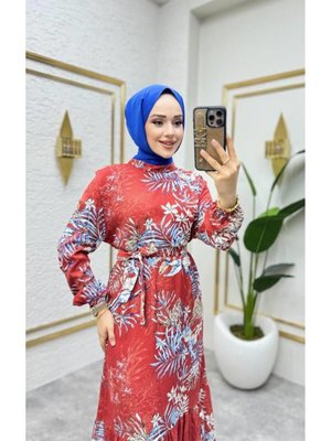 Kiremit Çalı Desenli Viskon Elbise Kiremit Çalı Desenli Viskon Elbise