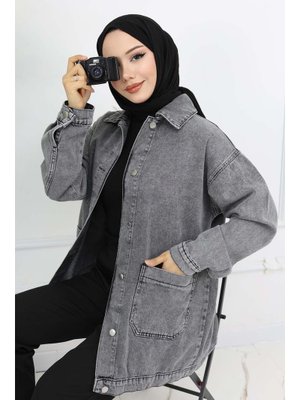 Gri Cep Detaylı Kot Ceket