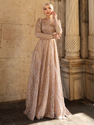 Gold Rengi Kartopu Abiye Elbise