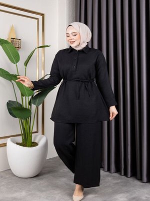 Siyah Gömlek Yaka Ve Önü Düğme Detaylı Belden Bağcıklı Pantolon & Tunik Keten İkili Takım Siyah Gömlek Yaka Ve Önü Düğme Detaylı Belden Bağcıklı Pantolon & Tunik Keten İkili Takım