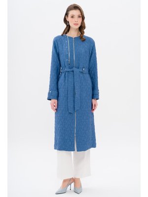 İndigo Sıfır Yaka Fermuar Detaylı Kapitone Desenli Hafif Kap