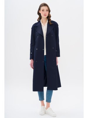 Lacivert Pelerin Ve Apolet Detaylı Çıt Kapamalı Su İtici Özellikli Trençkot