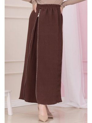 Kahverengi Beli Lastikli Yanı Fermuar Detaylı Etek Kahverengi Beli Lastikli Yanı Fermuar Detaylı Etek