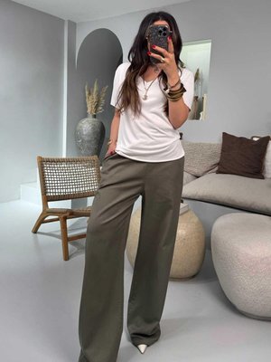 Haki Gabardin Kumaş Beli Lastikli Palazzo Pantolon Haki Gabardin Kumaş Beli Lastikli Palazzo Pantolon