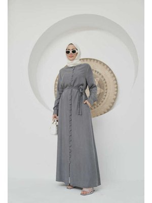 Gri Britli Düğmeli Ferace