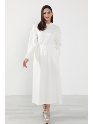 Ekru Rahat Kesim Günlük Kapüşonlu Elbise,elb