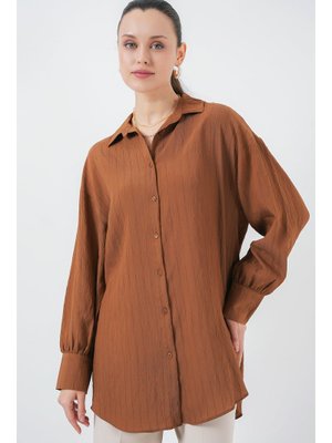 Kahverengi Çizgili Uzun Gömlek Tunik Kahverengi Çizgili Uzun Gömlek Tunik