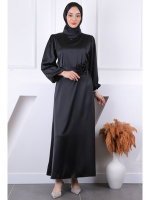 Siyah Gül Kemer Detaylı Balon Kol Saten Abiye Elbise
