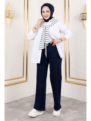 Koyu Mavi Bol Paça Beli Lastikli Kot Pantolon Koyu Mavi Bol Paça Beli Lastikli Kot Pantolon