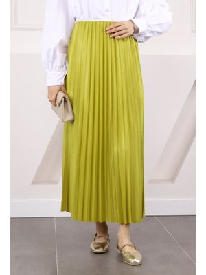 Yağ Yeşili Bel Lastikli Piliseli Etek Yağ Yeşili Bel Lastikli Piliseli Etek