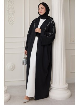 Siyah Sarmaşık Desen Taşlı Elbiseli Abaya Siyah Sarmaşık Desen Taşlı Elbiseli Abaya