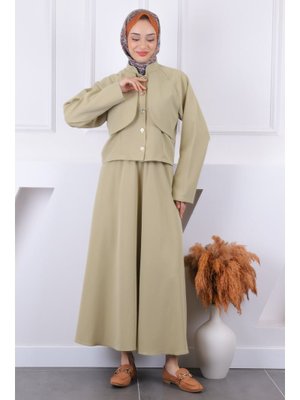 Yeşil Ön Düğmeli Ceket Etekli Takım