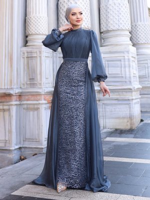 Antrasit Lavanta Abiye Elbise