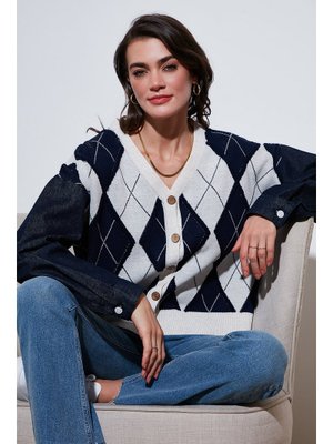 Lacivert Ekru Lela Hırka