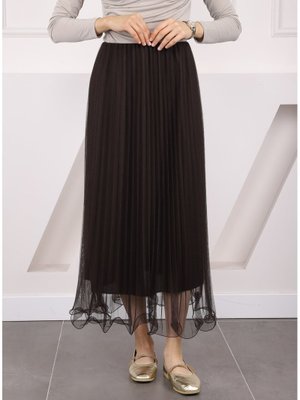 Kahverengi Piliseli Bel Lastikli Etek